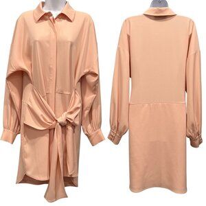 Charles Henry Tie Front Shirt Dress Bishop Sleeves Career Stretch Peach Size M